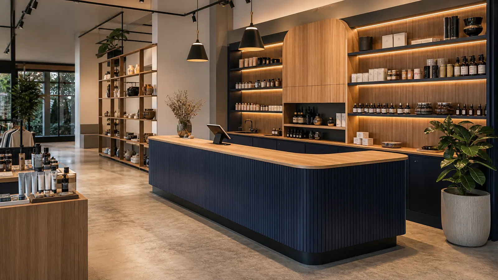 Custom retail shop counter, display shelving and storage