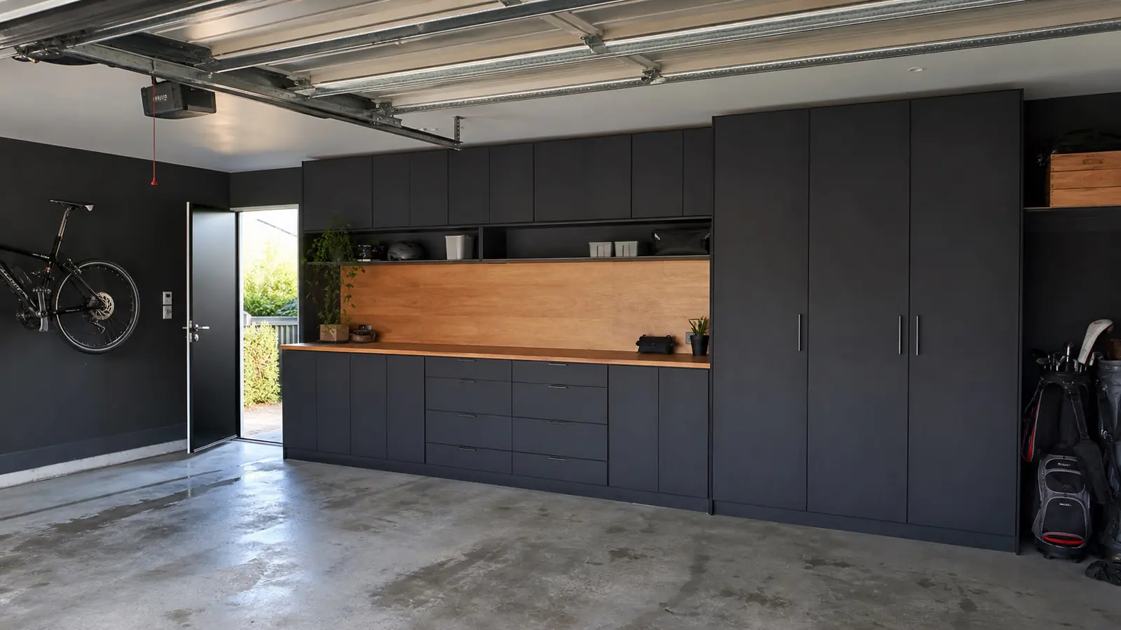 Real garage with custom dark cabinetry, workbench and overhead storage