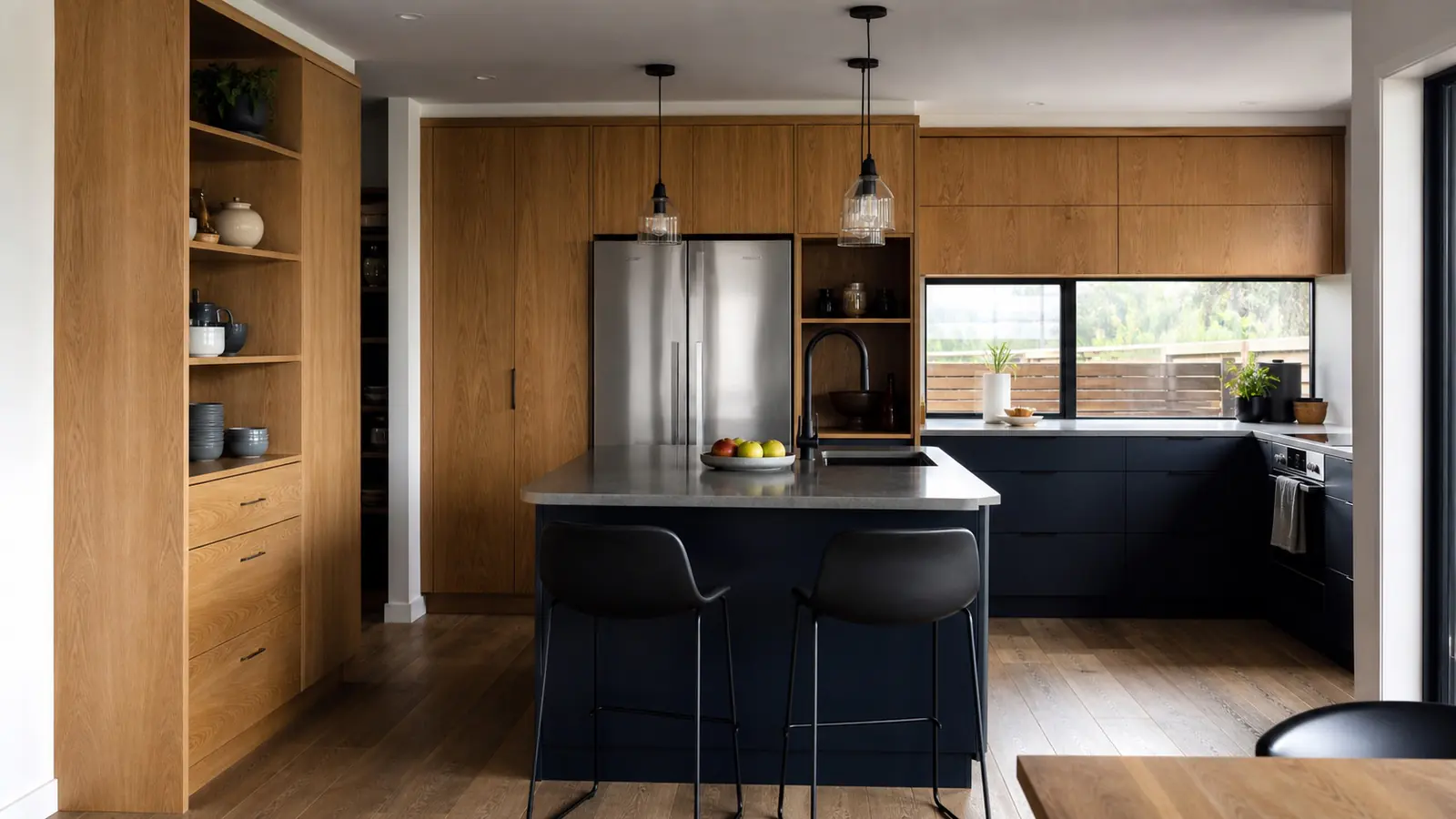 Custom kitchen renovation with timber and navy cabinetry
